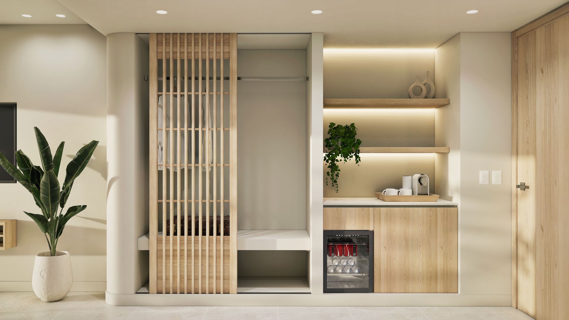 Suite wardrobe and minibar