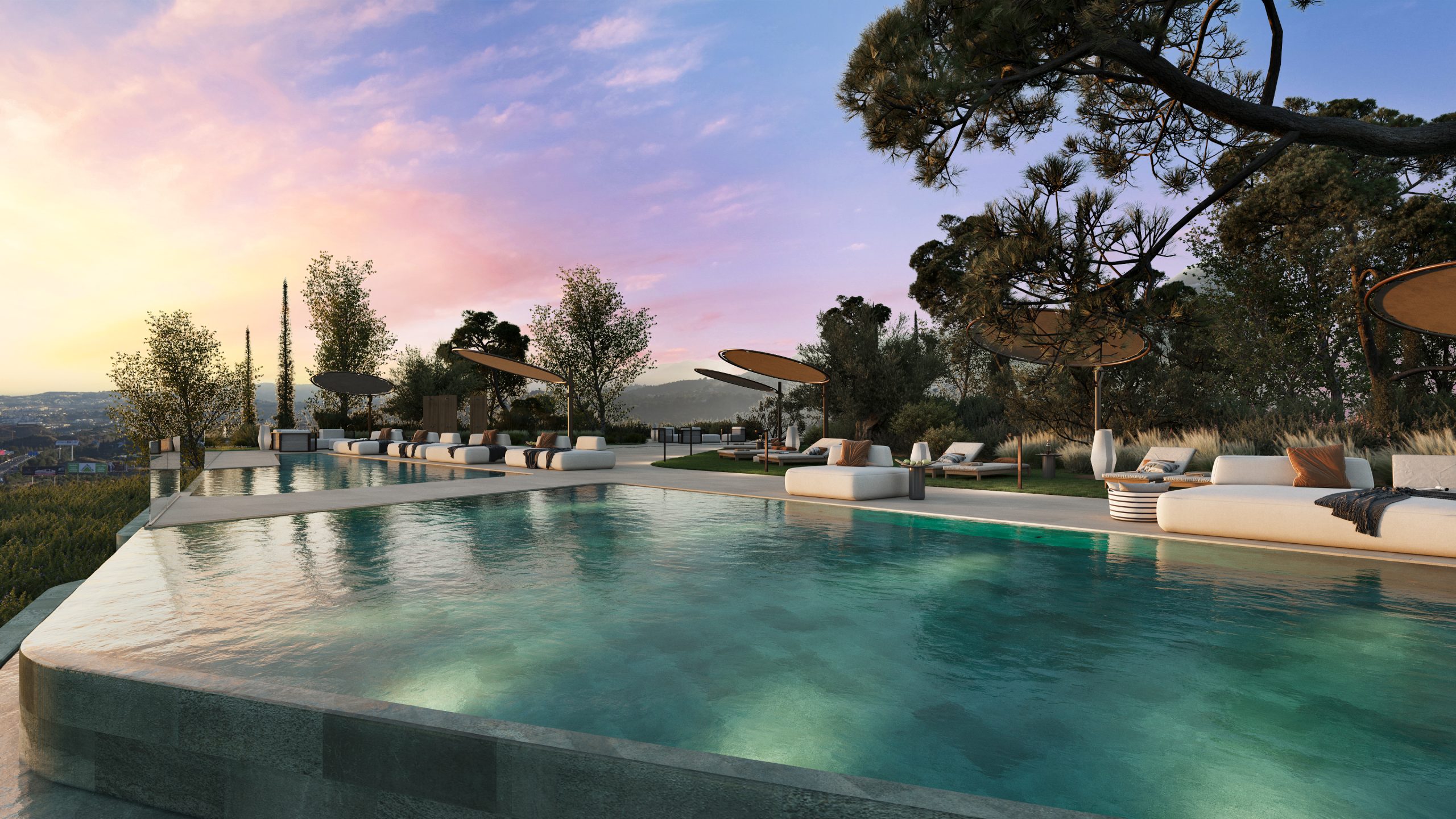 Waterfall pool sunset